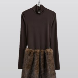 FAUX FUR DETAIL BROWN MINI DRESS