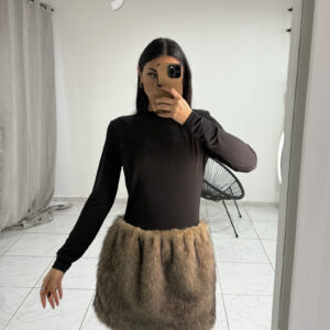 FAUX FUR DETAIL BLACK MINI DRESS