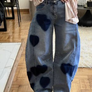 WIDE LEG HEARTS PRINT JEANS