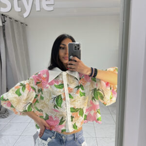PINK FLORAL CROP ΠΟΥΚΑΜΙΣΟ ME BALLOON ΜΑΝΙΚΙΑ