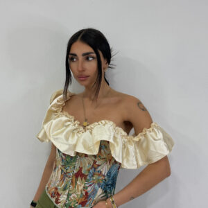BEIGE CORSET TOP ME ΣΑΤΕΝ ΒΟΛΑΝ & TAPESTRY ΣΧΕΔΙΟ