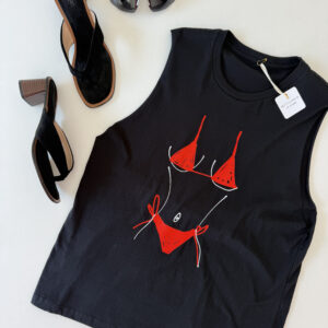 * ΒΙΚΙΝΙ ΒΟDY * BLACK ΒΑΜΒΑΚΕΡΟ ΤΑΝΚ TOP T-SHIRT ΜΕ ΤΥΠΩΜΑ