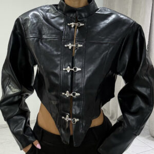 FAUX LEATHER CROPPED JACKET ΜΕ ΑΣΥΜΜΕΤΡΟ ΤΕΛΕΙΩΜΑ