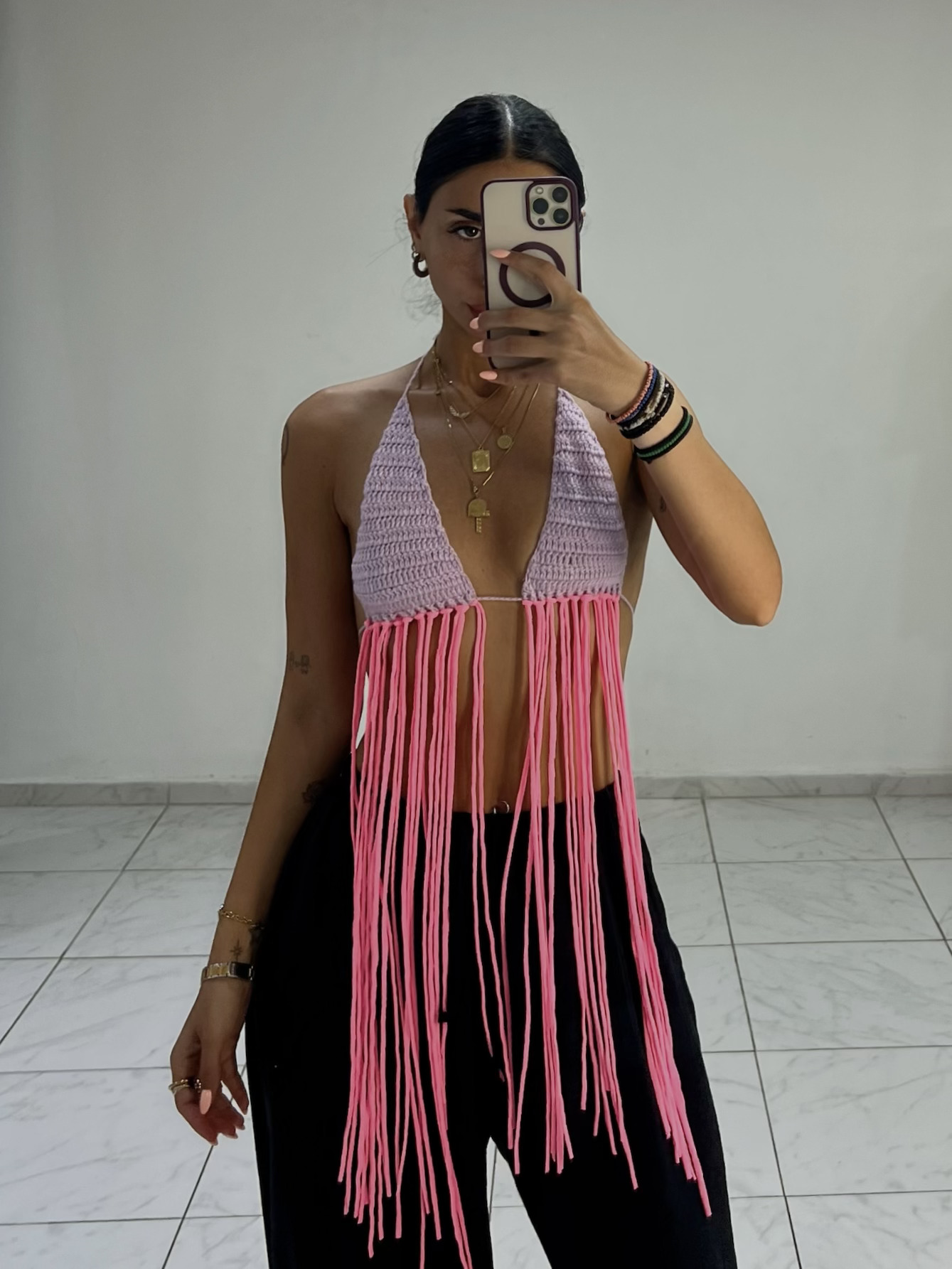 * PINK FRIDGES * LILAC TRIANGLE CROCHET TOP